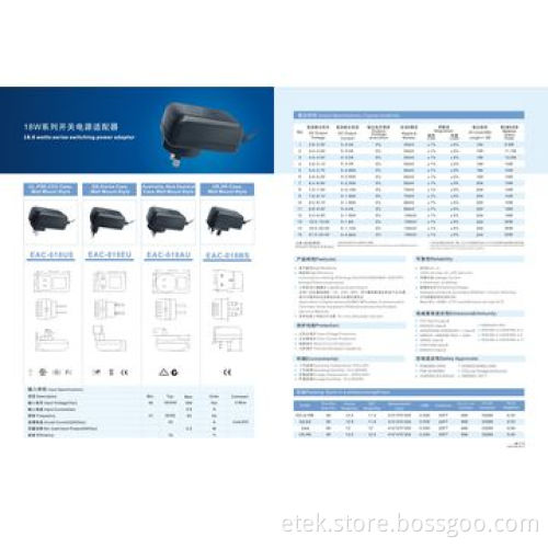 18W Switching Power Adapter with 2.8 to 24V Output Voltages and 47 to 63Hz Inputs Frequency